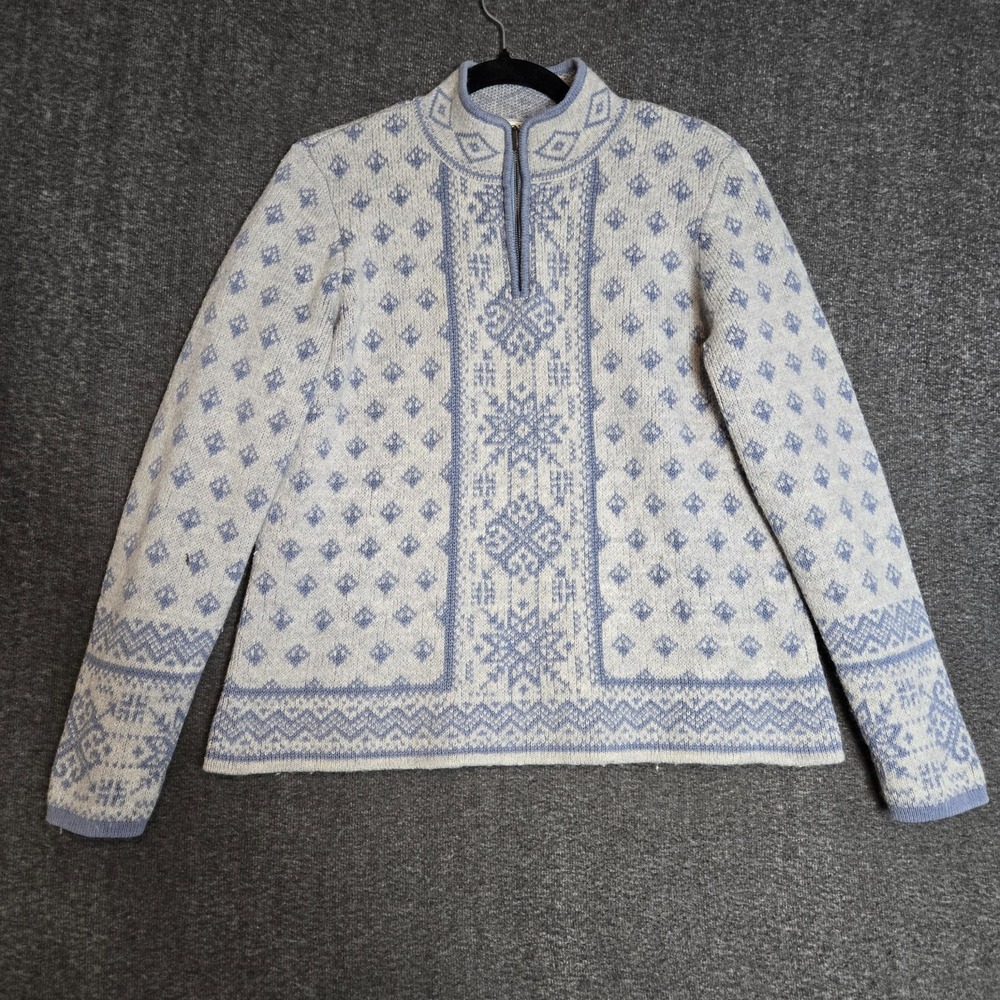 ORVIS Women's Blue Quarter Zip Pullover Sweater Wool Blend Sz M Snowflakes‎ Knit